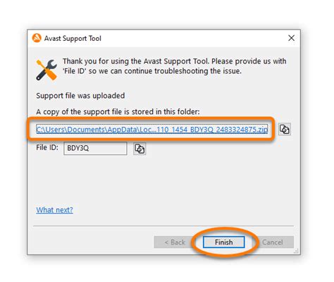Submitting a support file using the Avast Support Tool .